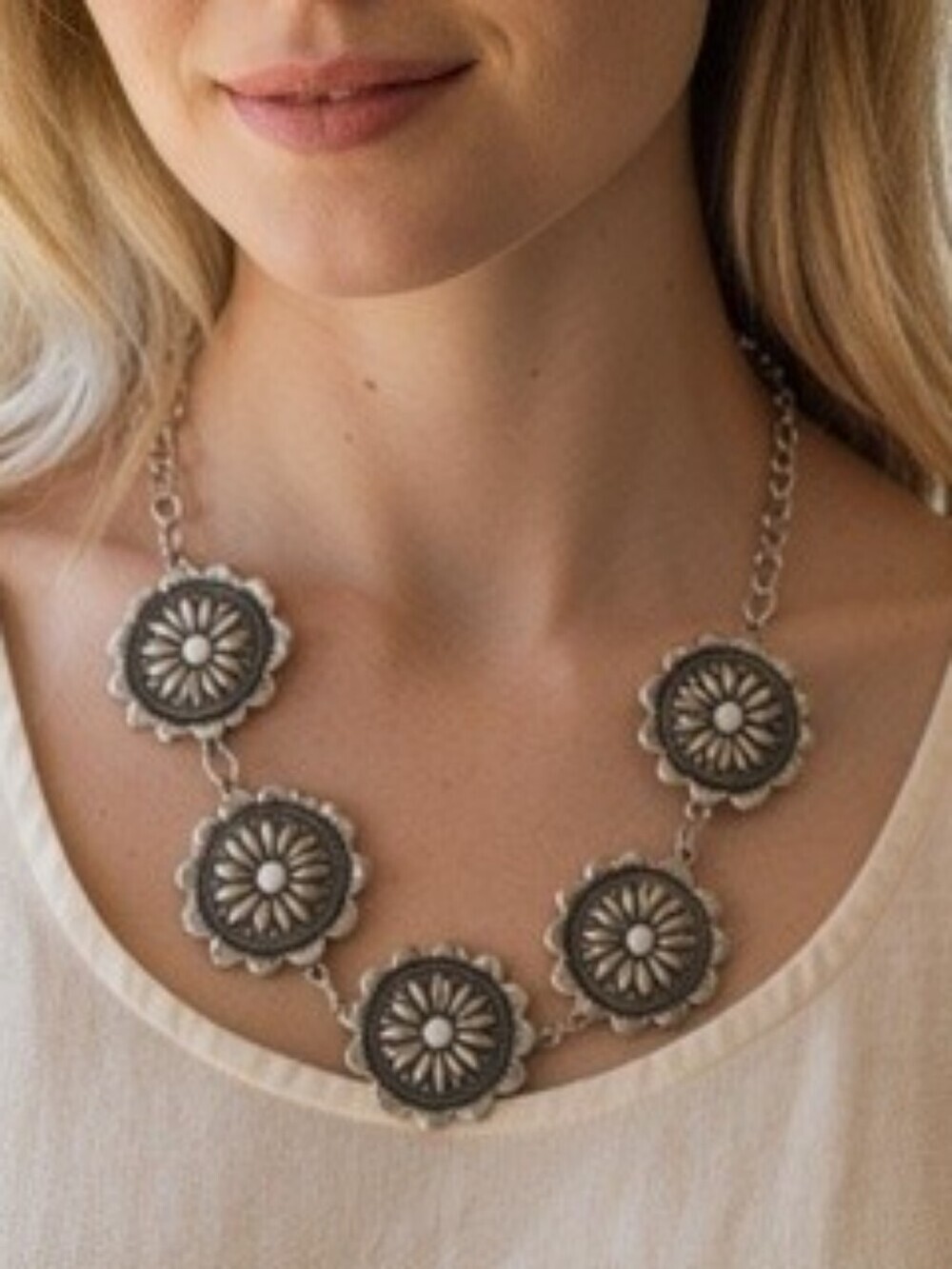 Silvertone Floral Medallion Necklace